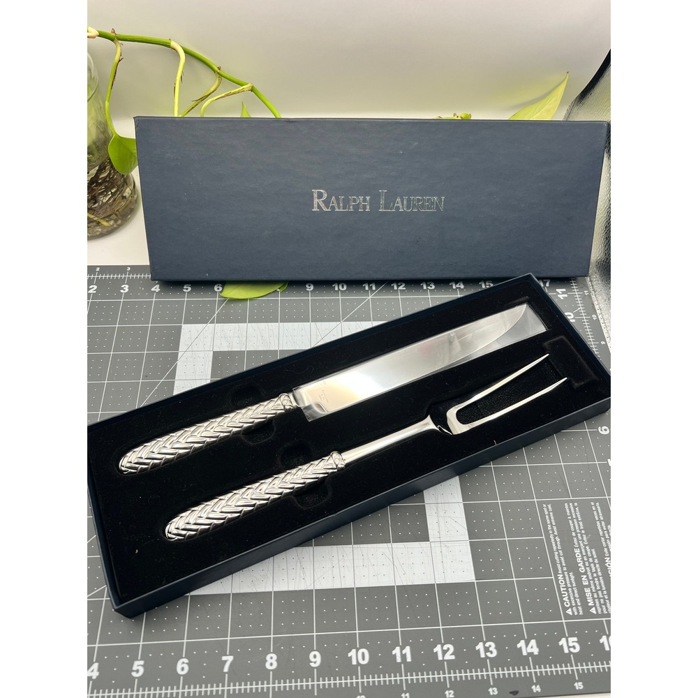 Ralph Lauren Equestrian Braid 2 Pcs Roast Carving Set Silverplate Stainless 1991